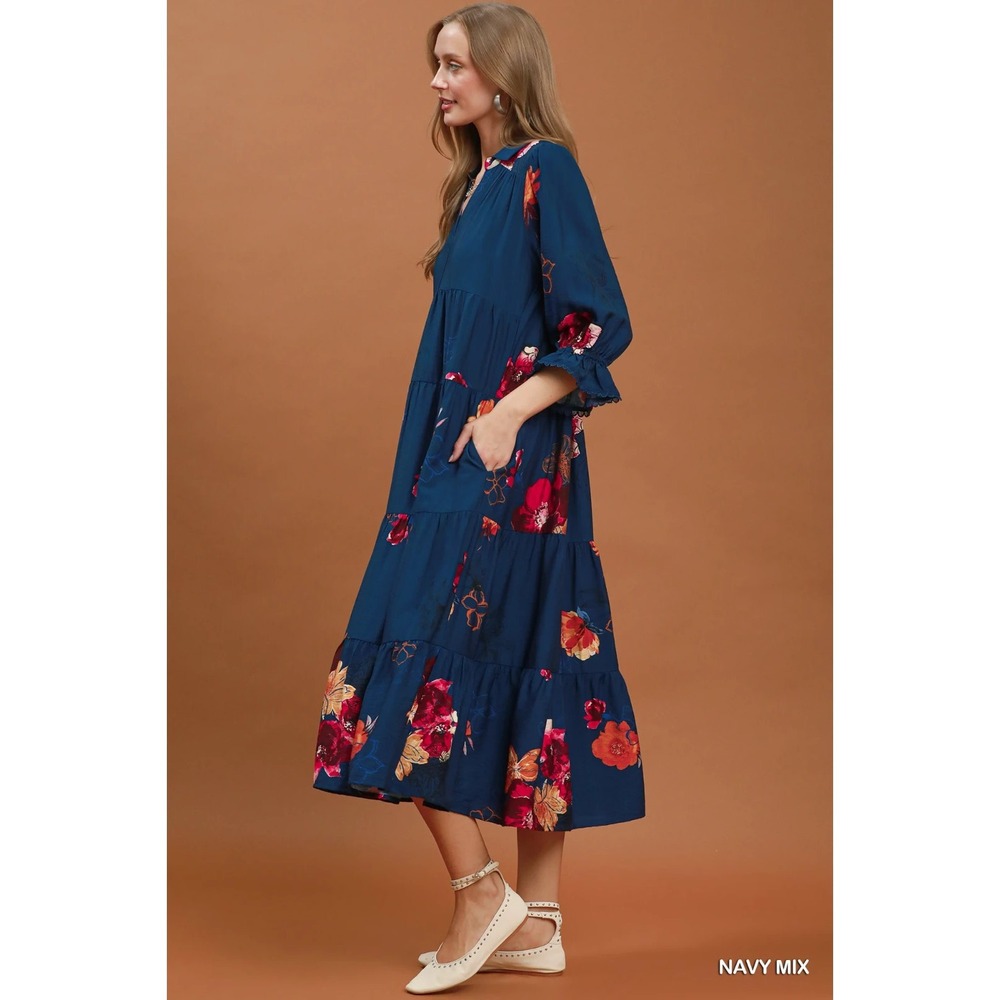 Umgee Floral Print Tiered Midi Dress with Puff Sleeves - Navy - Medium - Picture 2 of 6